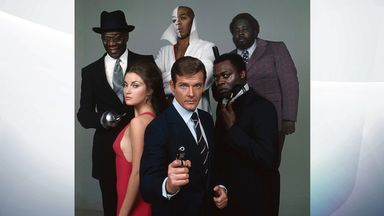 The cast of the James Bond film 'Live and Let Die', directed by Guy Hamilton, 1973. From front centre, clockwise, Roger Moore as Bond, Jane Seymour as Solitaire, Julius Harris as Tee Hee, Geoffrey Holder as Baron Samedi, Earl Jolly Brown as Whisper and Yaphet Kotto as Kananga